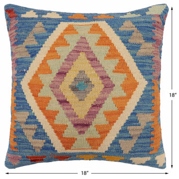 handmade Traditional Pillow Blue Orange Hand-Woven SQUARE 100% WOOL Hand woven turkish pillow2' x 2'